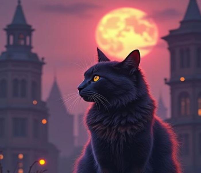 Hình ảnh mèo ngắm trăng anime hoạt hình