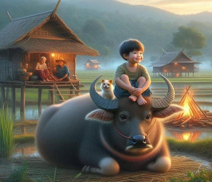 Hình ảnh cậu bé cưỡi trâu đáng yêu